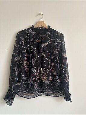Womens Black Floral Tie-Neck Blouse